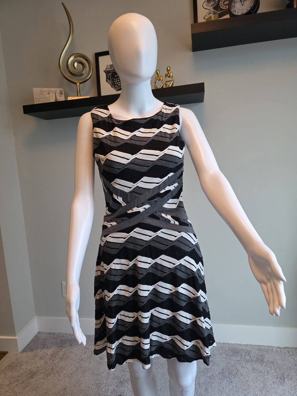 New York & Company Black and White Chevron Sleeveless Fit-and-Flare Dress